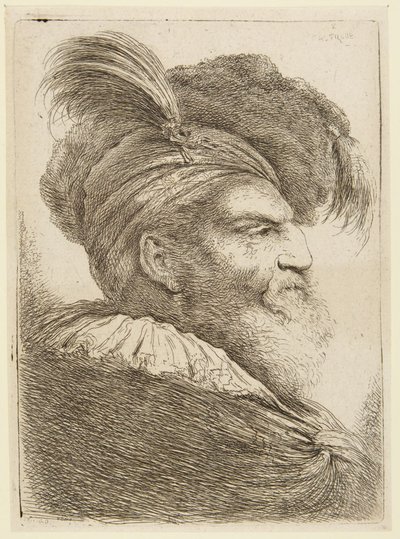 Kop van een bebaarde man met gevederde hoed door Giovanni Benedetto Castiglione