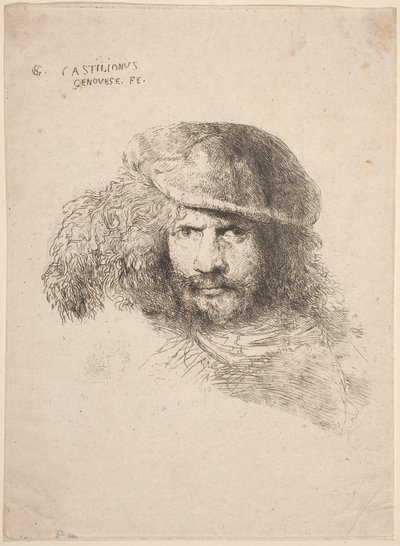 Hoofd van een jonge man met een gevederde hoed (zogenaamde zelfportret) door Giovanni Benedetto Castiglione
