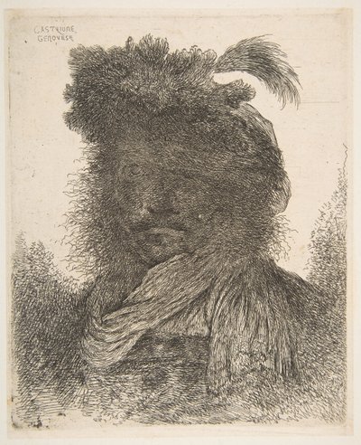 Hoofd van een man in schaduw licht naar links gedraaid, uit de serie van Grote Or door Giovanni Benedetto Castiglione