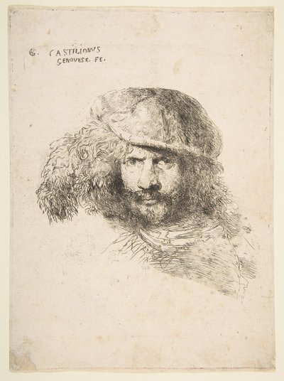 Hoofd van een man met een gevederde hoed mogelijk Bernini, mogelijk een zelfportret door Giovanni Benedetto Castiglione