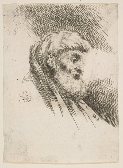 Hoofd van een oude bebaarde man naar rechts, uit de serie Kleine Hoofden in Oriënt..., ca. 1645-1650 door Giovanni Benedetto Castiglione