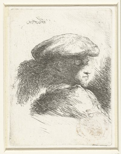 Hoofd van een jongeman met een muts met pluim door Giovanni Benedetto Castiglione
