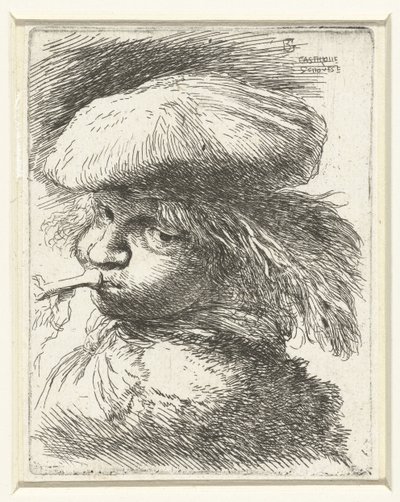 Hoofd van een jongen blazend op een trompet (Kleine studie van hoofden met oosterse hoofddeksels) door Giovanni Benedetto Castiglione