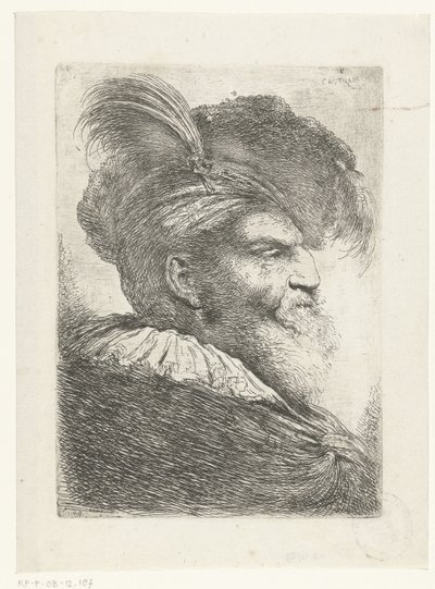 Hoofd van een man met tulband en bontmuts door Giovanni Benedetto Castiglione
