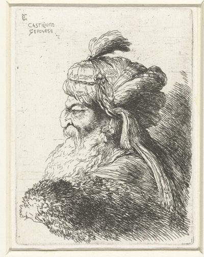 Hoofd van een oude man met tulband (Kleine studie van hoofden met oosterse hoofddeksels) door Giovanni Benedetto Castiglione