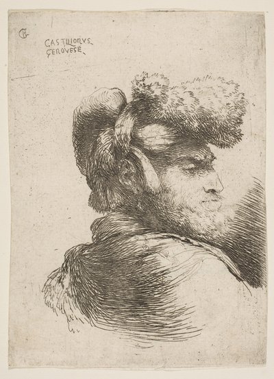 Man in profiel naar rechts, met een bontmuts, uit de serie Kleine Hoofden, ca. 1645-1650 door Giovanni Benedetto Castiglione