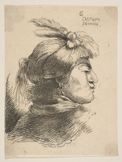 Man met een kleine tulband versierd met pluimen en lint, naar rechts kijkend, uit..., ca. 1645-1650 door Giovanni Benedetto Castiglione
