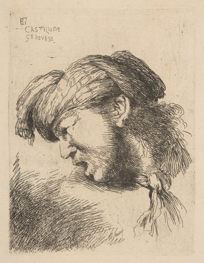 Man met een tulband, een das om zijn nek, naar links kijkend door Giovanni Benedetto Castiglione