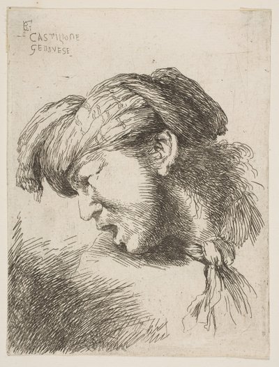 Man met een tulband, een stropdas om zijn nek, naar links gericht, uit de serie..., 1645-1650 door Giovanni Benedetto Castiglione