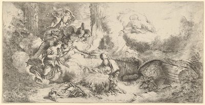 Geboorte met God de Vader en engelen door Giovanni Benedetto Castiglione