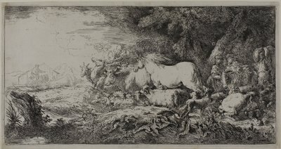 Noach en de dieren die de ark binnengaan door Giovanni Benedetto Castiglione