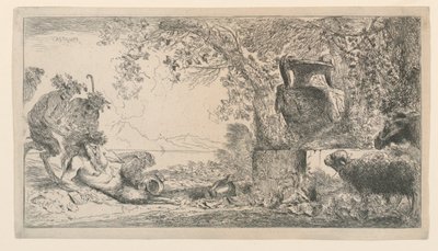 Pan zittend tegenover een vaas door Giovanni Benedetto Castiglione