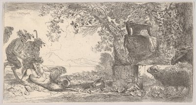 Pan liggend aan de linkerkant met twee staande saters, een grote vaas op een voetstuk aan de rechterkant, ca. 1645 door Giovanni Benedetto Castiglione