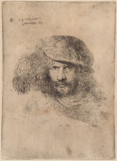 Zelfportret(?), met een gevederde hoed ["Portret van Bernini"] door Giovanni Benedetto Castiglione