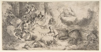 De Maagd en het Kind, God de Vader rechtsboven, engelen links door Giovanni Benedetto Castiglione
