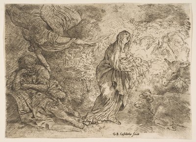De engel wekt Jozef voor de aanwezigheid van de Maagd en het Kind door Giovanni Benedetto Castiglione