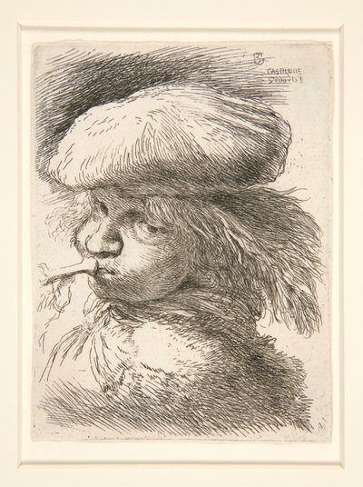 Jonge Man die Trompet Blaast, uit de serie Les petites tetes d door Giovanni Benedetto Castiglione