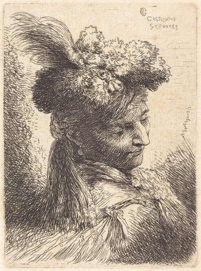 Jonge man met een bonten hoofddeksel en een hoofdband, naar rechts gewend door Giovanni Benedetto Castiglione
