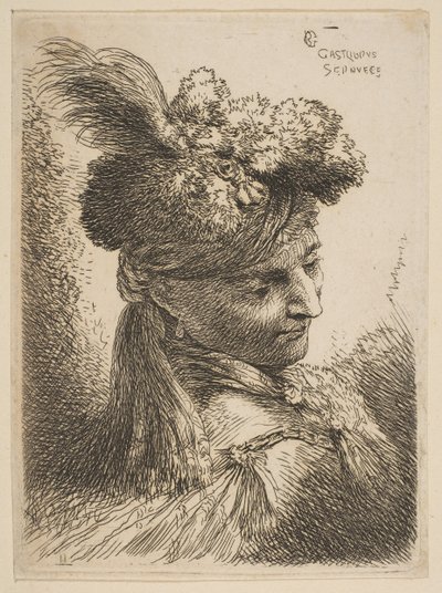 Jonge man naar rechts gekeerd met een bont hoofddeksel met een pluim, juweel door Giovanni Benedetto Castiglione