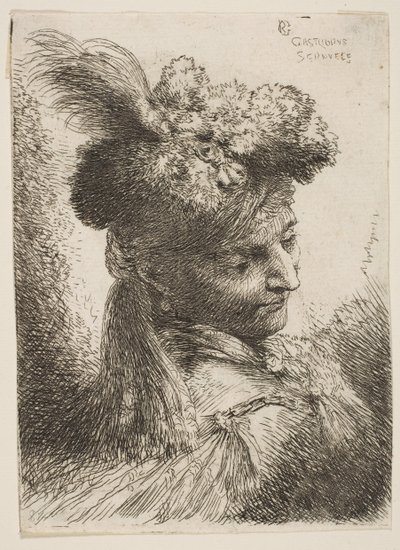 Jonge man drie kwart rechts met een bont hoofdtooi met een pluim, juweel... door Giovanni Benedetto Castiglione