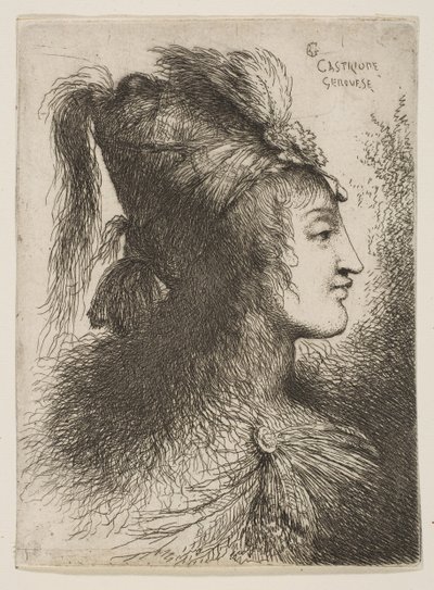 Jonge man met een gevederde tulband, naar rechts kijkend door Giovanni Benedetto Castiglione