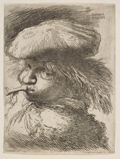 Jonge man met een trompet naar links, uit de serie Kleine Hoofden in Oriëntaalse stijl door Giovanni Benedetto Castiglione
