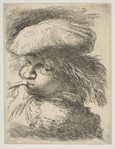 Jonge man met een trompet naar links, uit de serie Kleine Hoofden in Oriëntaalse stijl door Giovanni Benedetto Castiglione