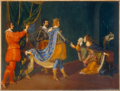 Isabella van Aragon pleit bij Karel VIII namens haar vader, Alfonso, koning van Napels, en haar man, Giovanni Galeazzo Sforza, hertog van Milaan ... door Giovanni Biliverti