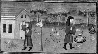 Decameron, Frédéric klopt aan bij Madame Tessa; de man vindt eten en wijn onder een perzikboom. Zevende dag, kort verhaal 1 door Giovanni Boccaccio