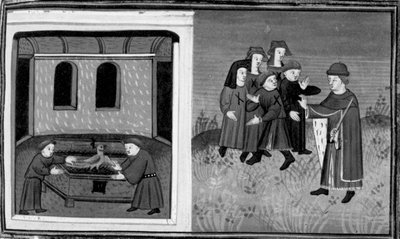 Decameron, Giovanni del Bragoniera en Biagio Pizzini stelen het relikwie van broeder Ciboule; de broeder markeert de kleren van de dorpelingen met de kolen. Dag zes, nieuwsbericht 10 door Giovanni Boccaccio
