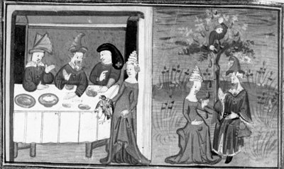 Decameron, Lidia doodt de sperwer van haar man; de vrouw praat met haar man in de wei. Zevende dag, nieuws 9 door Giovanni Boccaccio