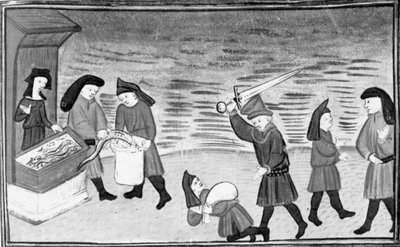 Decameron, Biondello laat Ciacco de lampreien zien; Filippo valt Biondello aan; Ciacco en Biondello maken het goed. Dag negen, nieuwsbericht 8 door Giovanni Boccaccio