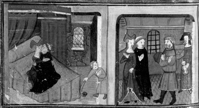 Decameron, Broeder Rinaldo slaapt met de moeder van zijn petekind; de broer wordt beloond door de vader van het kind . Zevende dag, kort verhaal 3 door Giovanni Boccaccio