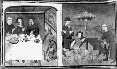 Decameron, Gianni di Barolo zit aan tafel met Pietro da Tresanti en zijn vrouw; Gianni probeert de staart van de vrouw vast te binden. Dag negen, kort verhaal 10 door Giovanni Boccaccio