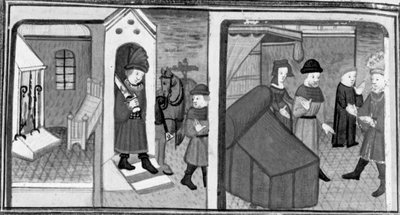 Decameron, De ridder Lambertuccio ontsnapt uit de kamer van Isabella; de man van de vrouw vindt de minnaar in de kamer . Zevende dag, kort verhaal 6 door Giovanni Boccaccio