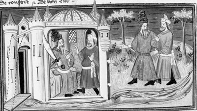 Decameron, Melchisedek vertelt Saladin de parabel van de drie ringen; de twee mannen worden vrienden. Eerste dag, kort verhaal 3. door Giovanni Boccaccio