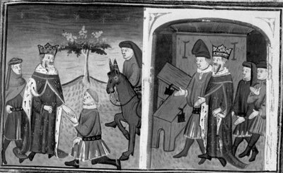 Decameron, Ruggieri verlaat koning Alfonso; de koning nodigt Ruggieri uit om te kiezen tussen twee kisten. Tiende dag, kort verhaal 1 door Giovanni Boccaccio
