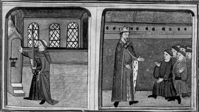 Decameron, Een stalknecht klopt aan bij de koningin vermomd als de koning; de koning confronteert zijn bedienden. Derde dag, kort verhaal 2 door Giovanni Boccaccio