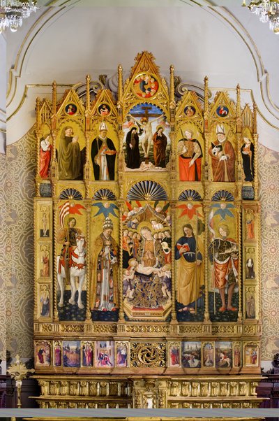 Polyptiek met tronende Madonna met Kind tussen Sint Eustatius, Sint Pieter, Sint Jacobus de Meerdere, Sint Venantius, Beato Guardato, Sint Nicolaas van Bari, kruisiging van Christus, Sint Sebastiaan en Sint Eleutherius, Verhalen uit het leven van Sint Eu door Giovanni Boccati or Boccatto