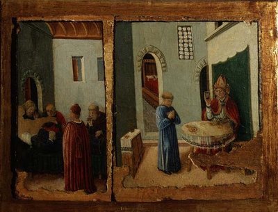 Twee Scènes uit het leven van St. Savino door Giovanni Boccati or Boccatto