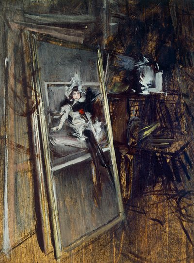Binnen in het atelier van de schilder met schilderij Jong Meisje, Errazuriz, door Giovanni Boldini door Giovanni Boldini