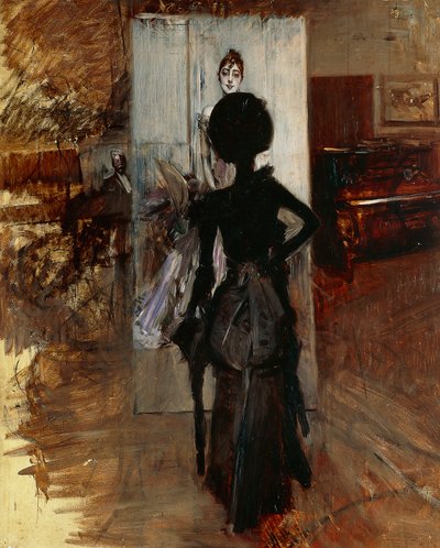 Dame in het atelier van schilder tegenover Witte Pastel door Giovanni Boldini
