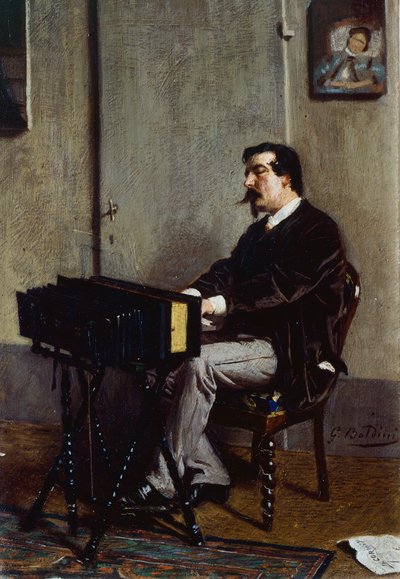 Schilder Cristiano Banti bij harmonium door Giovanni Boldini