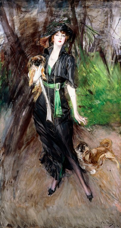 Portret van een dame, Lina Bilitis, met twee Pekinezen, 1913 door Giovanni Boldini