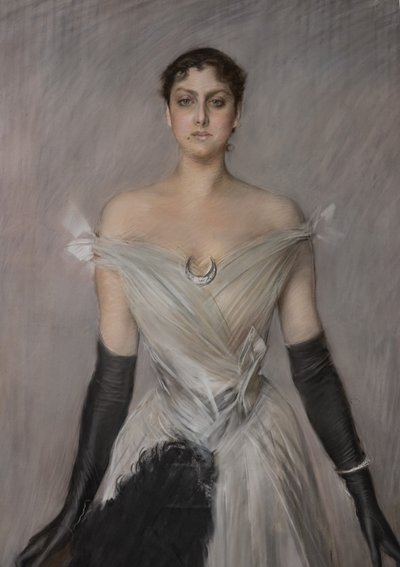 Portret van een Dame in het Wit met Handschoenen en Waaier, detail door Giovanni Boldini