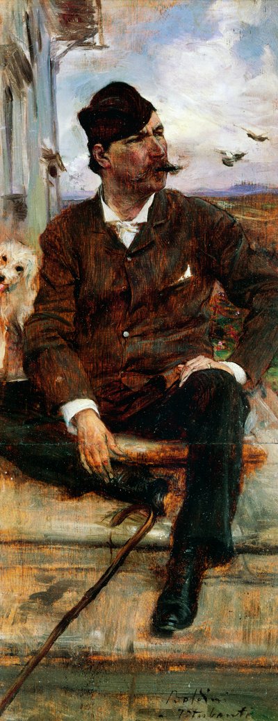 Portret van de schilder Cristiano Banti met een geruite hoed door Giovanni Boldini