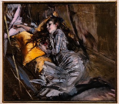 Liggend Meisje in Schotse Jurk door Giovanni Boldini
