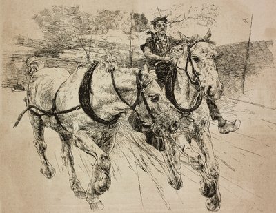 Versterkingskoets paarden, gravure naar originele tekening van Giovanni Boldini, uit zijn schilderij, uit L