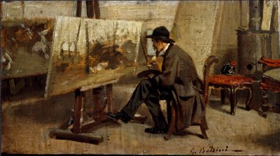 De schilder Giovanni Fattori in zijn atelier Schilderij toegeschreven aan Giovanni Boldini (1842-1931) 1863-1869 Zon. 13x24 cm Milaan privécollectie door Giovanni Boldini