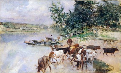 Het drenken van vee aan de Seine door Giovanni Boldini